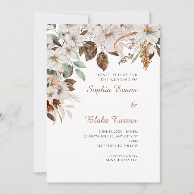 Convite Boho Floral Branco Outono Casamento Branco (Frente)