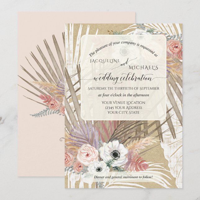 Convite BOHO Floral Branco Rústico Grama Pampas Tropical (Frente/Verso)