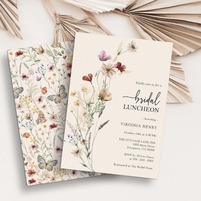 Convite Boho Floral Bridal Luncheon (Rustic Boho Wildflower Bridal Luncheon Invitations with Butterfly by Painted Paperie)