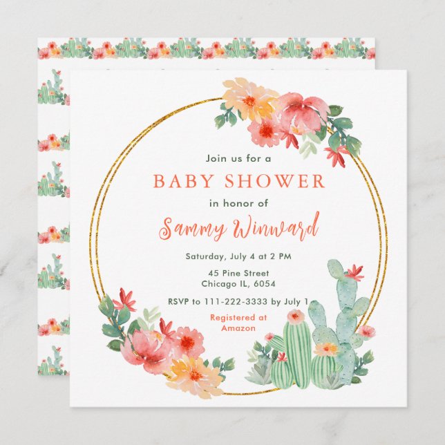 Convite Boho Floral Cactus Baby Shower (Frente/Verso)