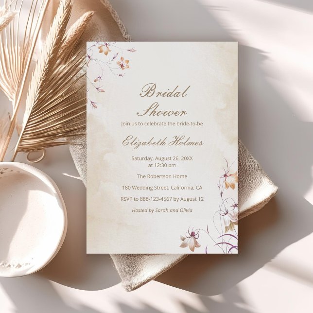 Convite Boho Floral Chá de panela (Boho Floral Bridal Shower Invitation on a neutral boho table.)