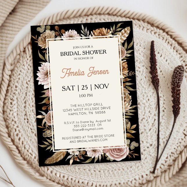 Convite Boho Floral Chá de panela (Front of Boho Floral Black Boho Bridal Shower Invitation)