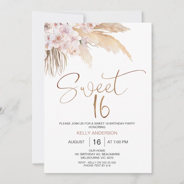 Convite Boho Floral Com Pampas Sweet 16 Aniversário (Frente)