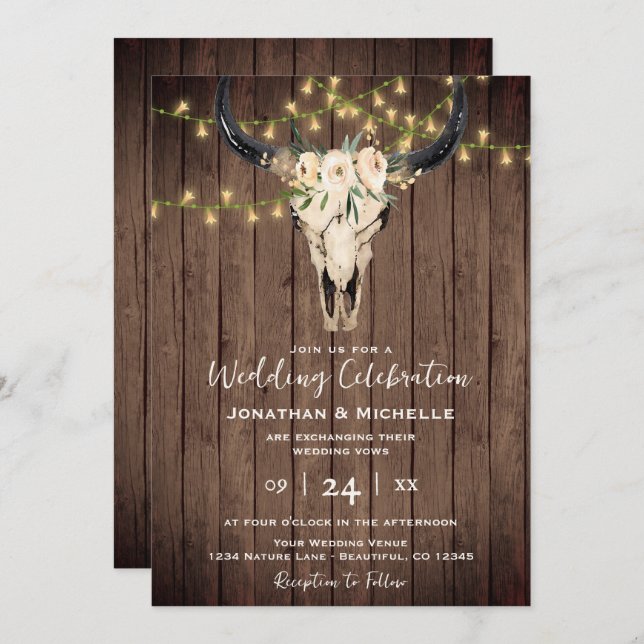 Convite Boho Floral Cow Skull and Lights on Wood Weding (Frente/Verso)
