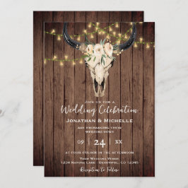 Convite Boho Floral Cow Skull and Lights on Wood Weding