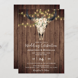 Convite Boho Floral Cow Skull and Lights on Wood Weding