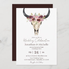 Convite Boho Floral Cow Skull Burgundy e Casamento Branco