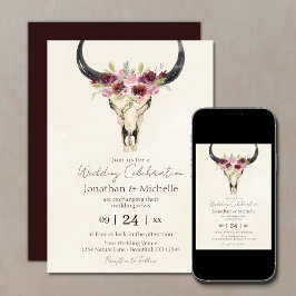Convite Boho Floral Cow Skull Burgundy e Cream Weds