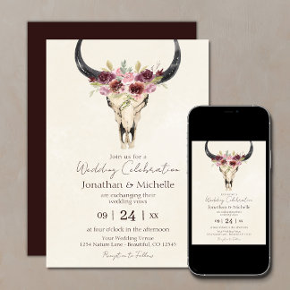 Convite Boho Floral Cow Skull Burgundy e Cream Weds