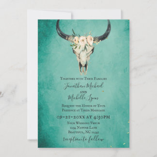 Convite Boho Floral Cow Skull no Casamento Turquesa