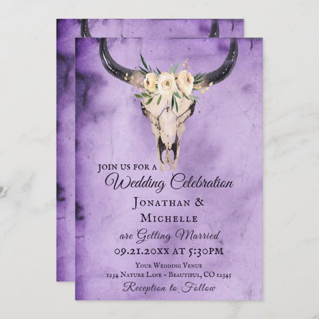 Convite Boho Floral Cow Skull Purple Tudo Em Um Casamento (Frente/Verso)