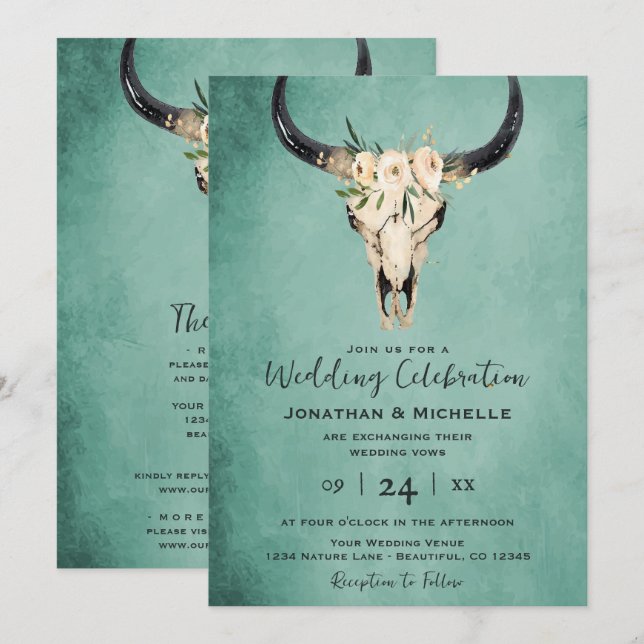 Convite Boho Floral Cow Skull Turquoise Tudo em Um Casamen (Frente/Verso)