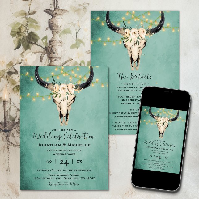 Convite Boho Floral Cow Skull Turquoise Tudo em Um Casamen (Boho Floral Cow Skull Turquoise All in One Wedding Invitation
)