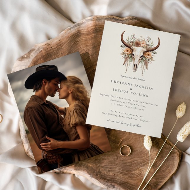 Convite Boho Floral Crânio Ocidental Foto Casamento  (Criador carregado)