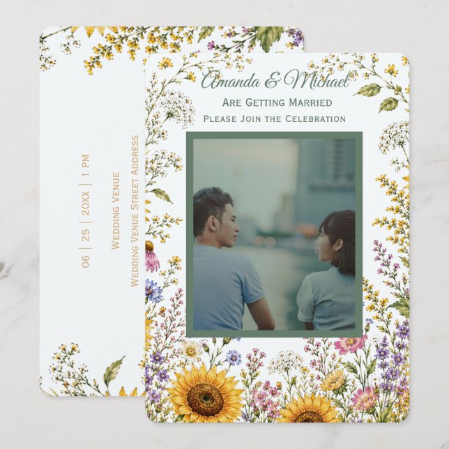 Convite Boho Floral Custom Photo Wedding Invitation (Frente/Verso)