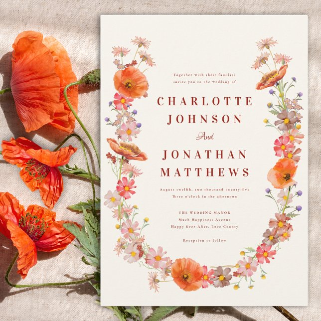 Convite Boho Floral de Flores Silvestres Casamento de Outo (Modern wildflower watercolor wedding invitation)