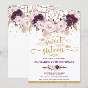 Convite Boho Floral Dream Catcher Sweet 16º Aniversário