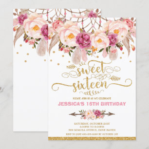 Convite Boho Floral Dream Catcher Sweet 16º Aniversário