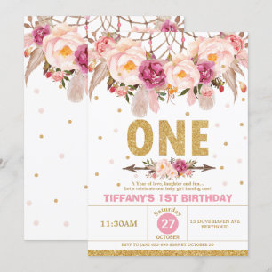 Convite Boho Floral Drecher primeiro aniversario Tribal Gi