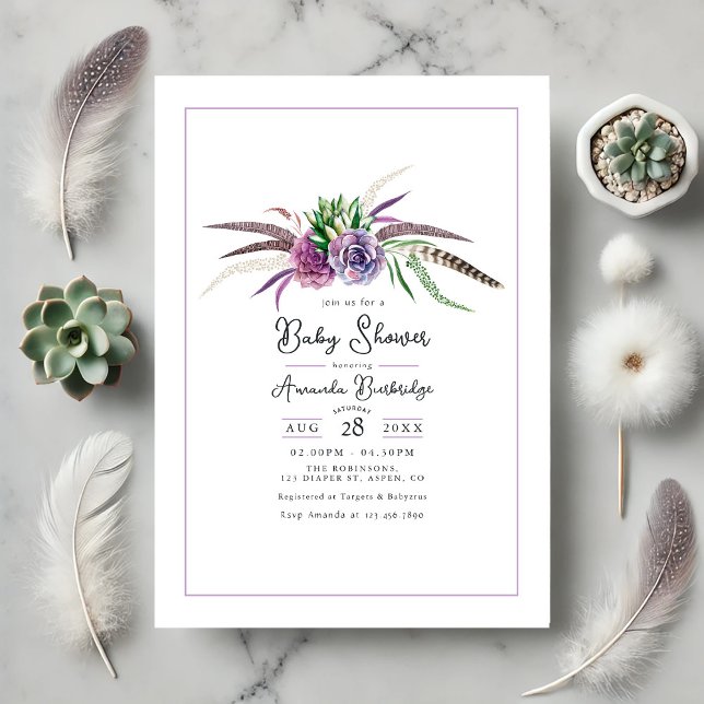 Convite Boho Floral e Chá de fraldas de penas (Boho Floral and Feather Baby Shower Invitation)