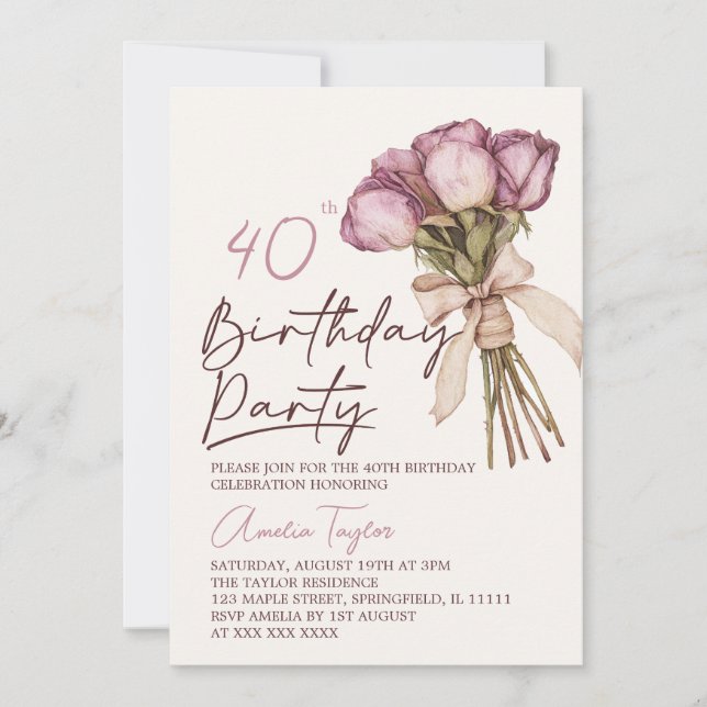 Convite Boho Floral Elegante 40º Aniversário (Frente)