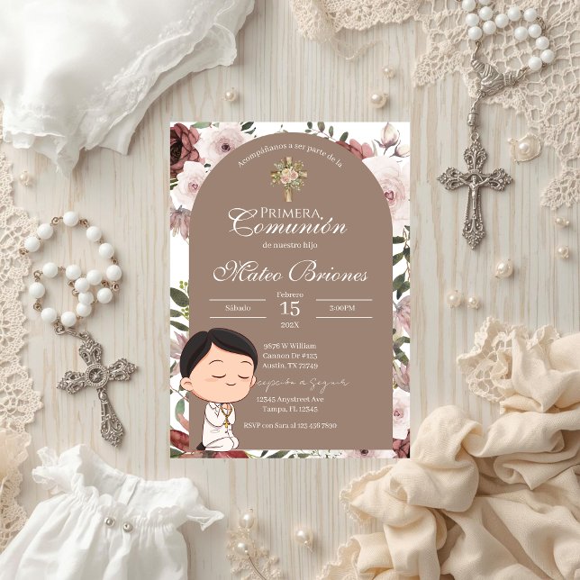 Convite Boho Floral First Communion Invitation (Criador carregado)