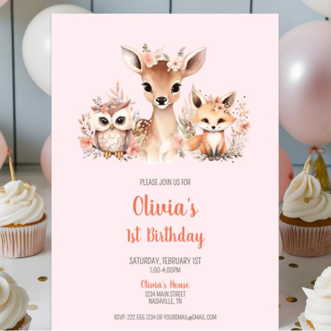 Convite Boho Floral Floral primeiro aniversario (Boho Blush Pink Floral Woodland Animal 1st Birthday Invitation, Girl Birthday Party, Deer Owl Fox)