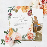 Convite Boho Floral Garden | Foto Casual Casual<br><div class="desc">Este convite de casamento de fotos mínimas apresenta novas figuras modernas, emolduradas por florais cor de rosa, amarelo, laranja e ouro com sua própria foto no verso. Essas placas projetadas profissionalmente são rapidamente personalizáveis. Adicione seu texto personalizado a este design usando as caixas "Editar este modelo design" no lado direito...</div>