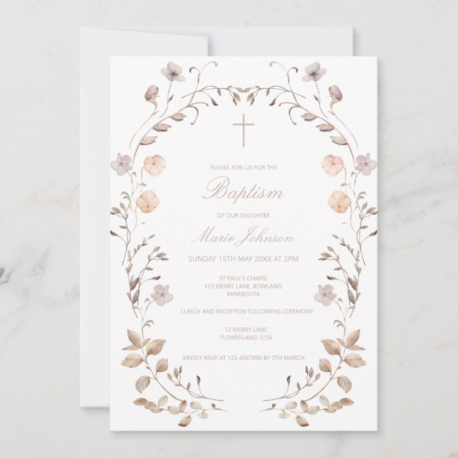 Convite Boho floral girl Baptism invitation template (Frente)