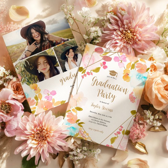 Convite Boho Floral Gold Geometric Modern Photo Graduation (Boho Floral Gold Geometric Modern Photo Graduation Invitation)