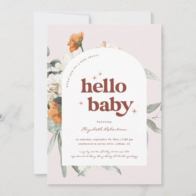 Convite Boho Floral Greenery Botânico | Chá de Bebê (Frente)