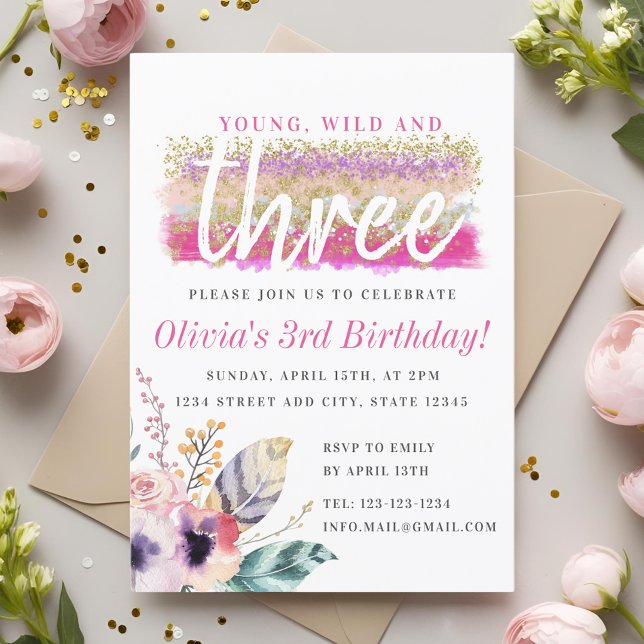 Convite Boho Floral Jovem Selvagem e Três Aniversário de M (Criador carregado)