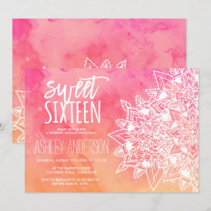 Convite Boho floral lace mandala cor-de-água rosa Sweet 16
