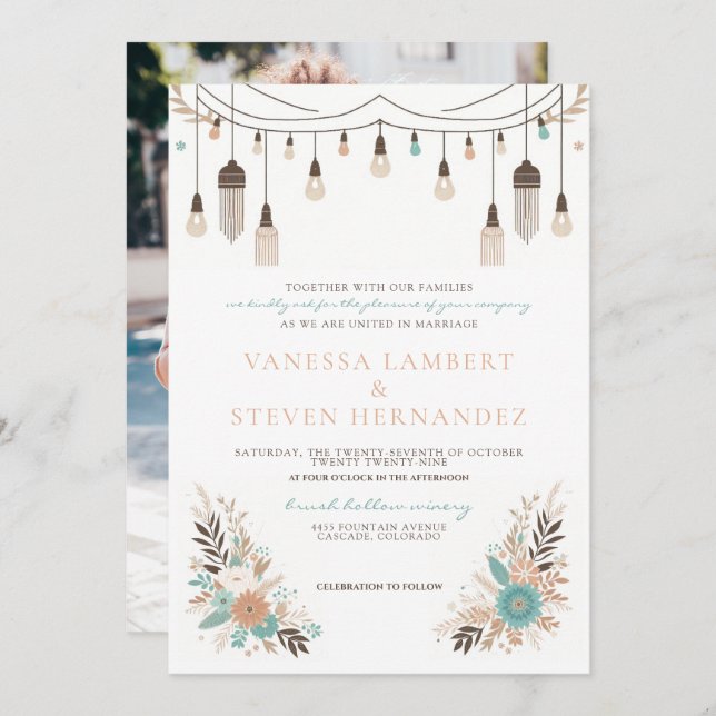 Convite Boho Floral Lights Wedding (Frente/Verso)