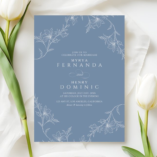 Convite Boho Floral Line Art Dusty Blue Wedding (Criador carregado)