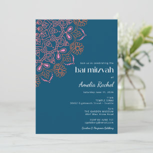 Convite Boho Floral Mandala Azul Teal Bat Mitzvah