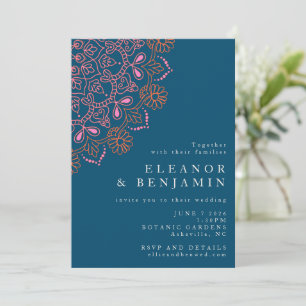 Convite Boho Floral Mandala Azul Turquesa Casamento Elegan