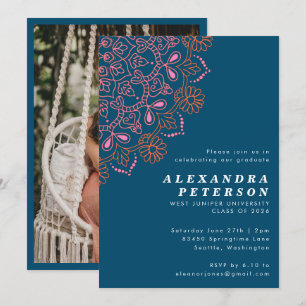 Convite Boho Floral Mandala Teal Blue Festa de formatura
