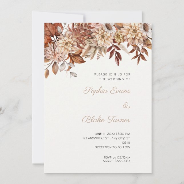 Convite Boho Floral Marrom Inverno Casamento Off White (Frente)