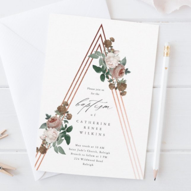 Convite Boho Floral Moderno Religioso Batismo e Batizado (A boho baby baptism with vintage floral greenery and rose gold structure.)
