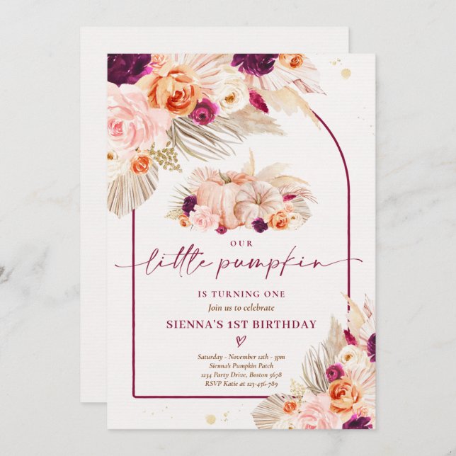 Convite Boho Floral Nosso Pequeno primeiro aniversario De  (Frente/Verso)