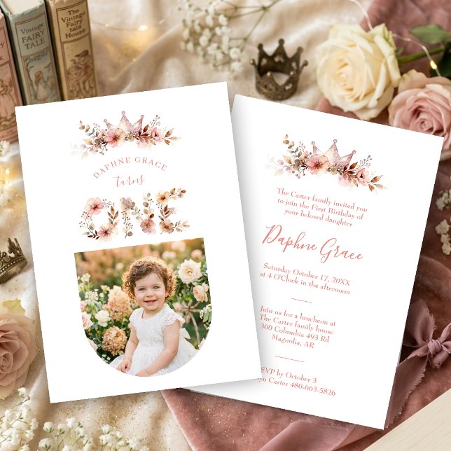Convite Boho Floral One Word Pink First Birthday  (Boho Floral One Word Pink First Birthday Invitation with Romantic Watercolor Effect Wildflowers.)