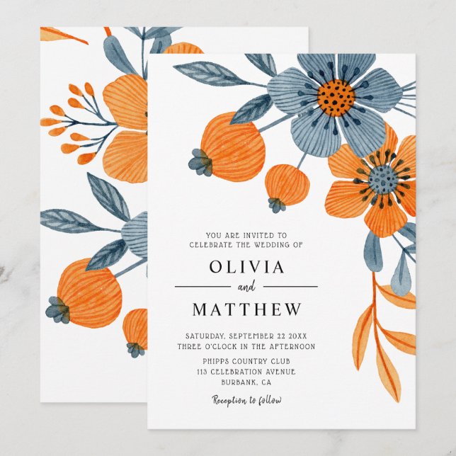 Convite Boho Floral Orange Blue Casamento (Frente/Verso)