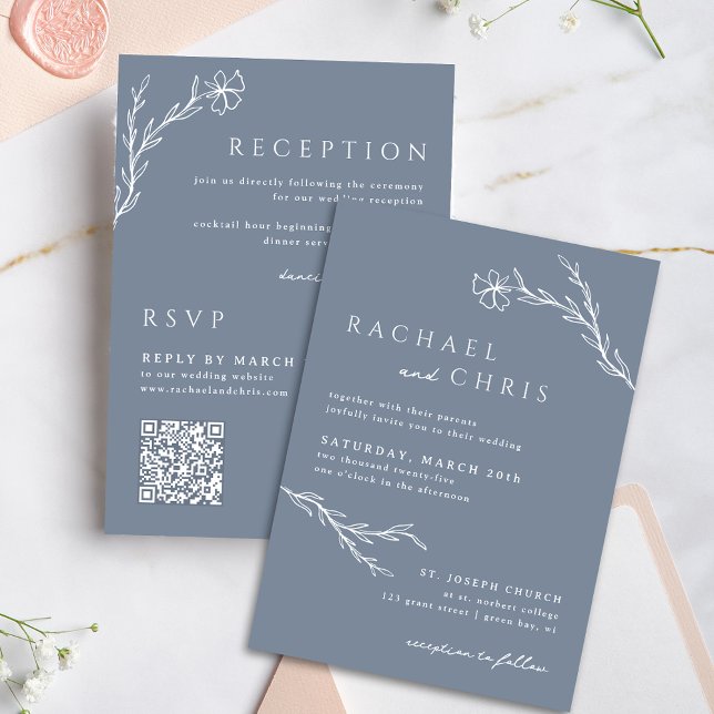 Convite Boho Floral Outline Dusty Blue Tudo em um código Q (Criador carregado)