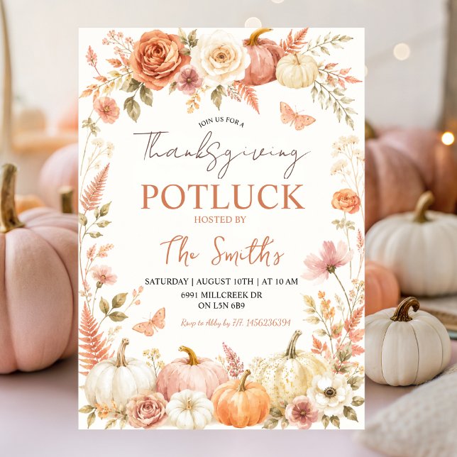 Convite Boho Floral Outono Ação de Graças Potluck (Criador carregado)