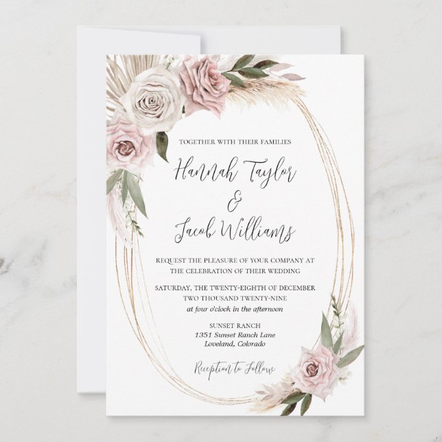 Convite Boho Floral Pampas Grass Wedding (Frente)