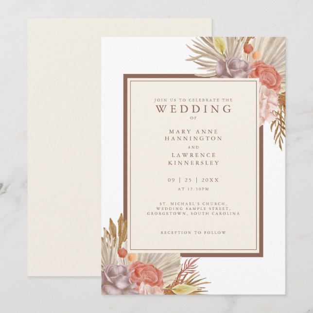 Convite Boho Floral Pampas Grass Wedding (Frente/Verso)