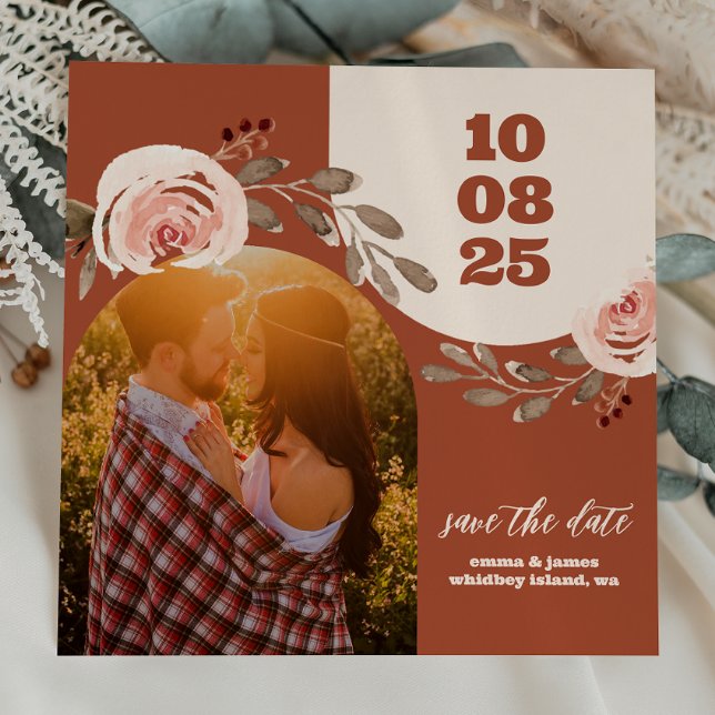Convite Boho Floral Photo Save the Date Card Burnt Orange (Criador carregado)