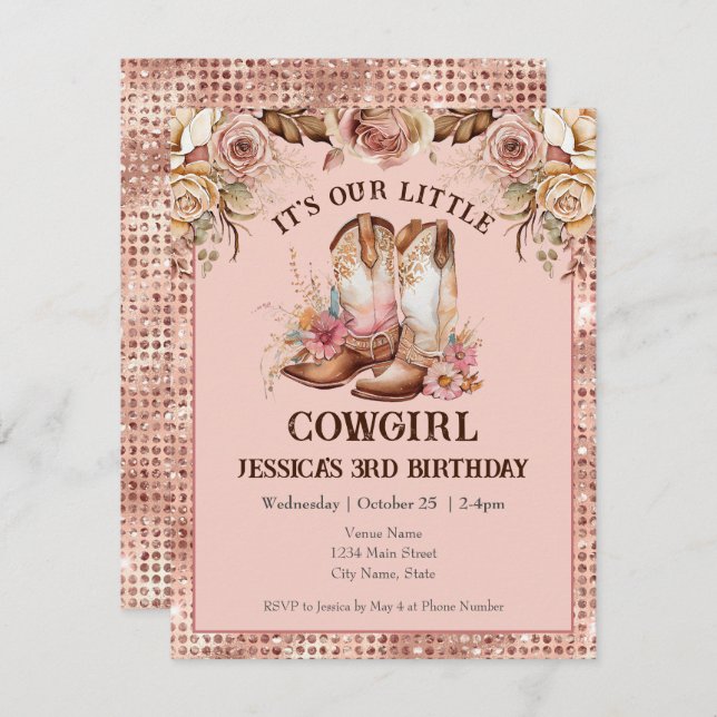 Convite Boho Floral Pink Cowgirl Birthday Rodeo (Frente/Verso)