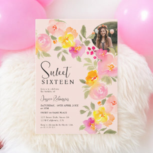 Convite Boho Floral Pink Watercolor Foto Sweet 16
